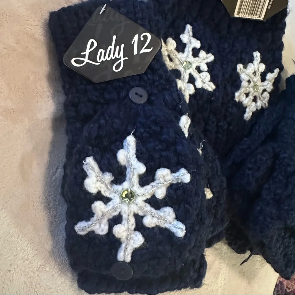 Navy Blue Snowflake Knit Hat and Fingerless Glove / Mittens Set